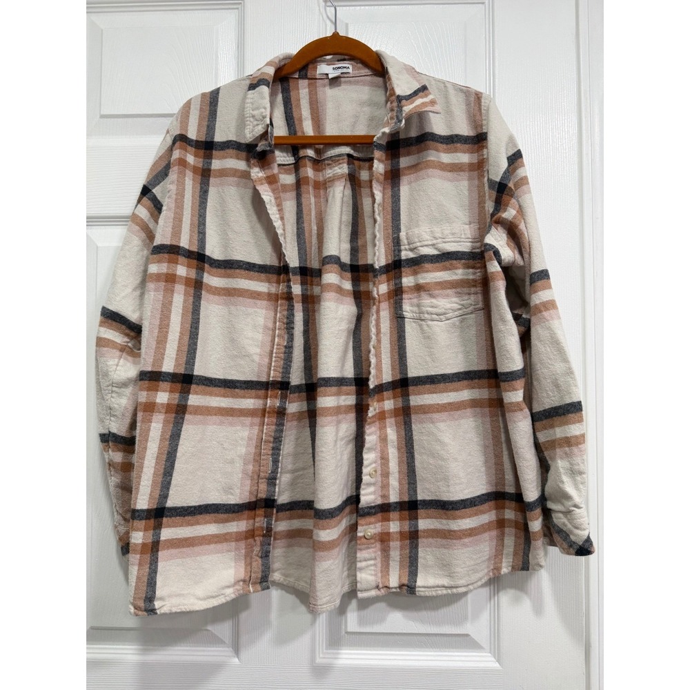Sonoma Goods For Life Womens XL Plaid Flannel Button Down Shirt Cream Tan Black